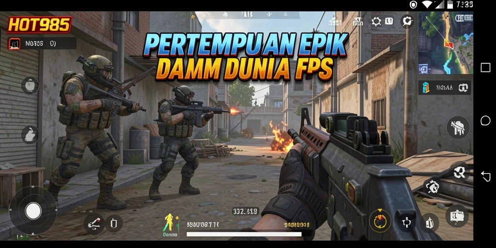 Tangkapan layar HOT985 menampilkan aksi pertempuran FPS yang mendebarkan.