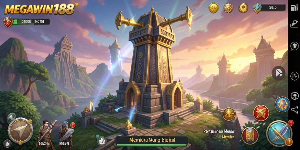 Gameplay seru dari MEGAWIN188 dengan berbagai menara yang ditampilkan.