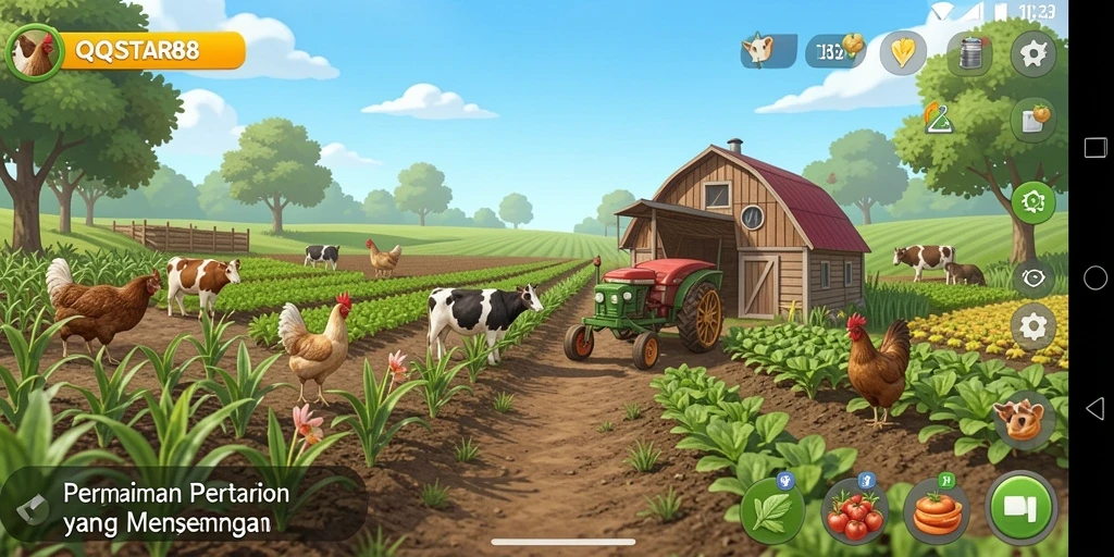 Tangkapan layar gameplay <strong>QQSTAR88</strong> menampilkan ladang pertanian yang subur.