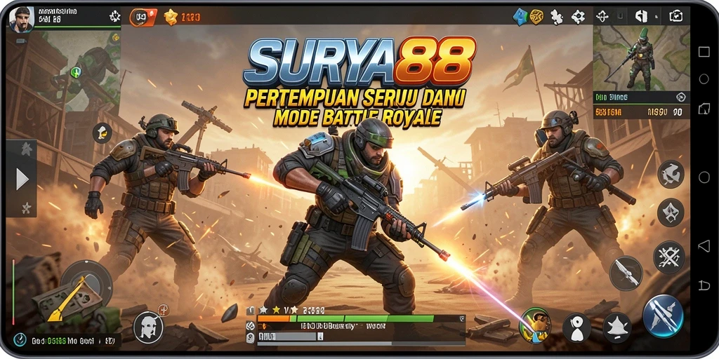 Tampilan gameplay mendebarkan dari SURYA88 dalam pertempuran Battle Royale.